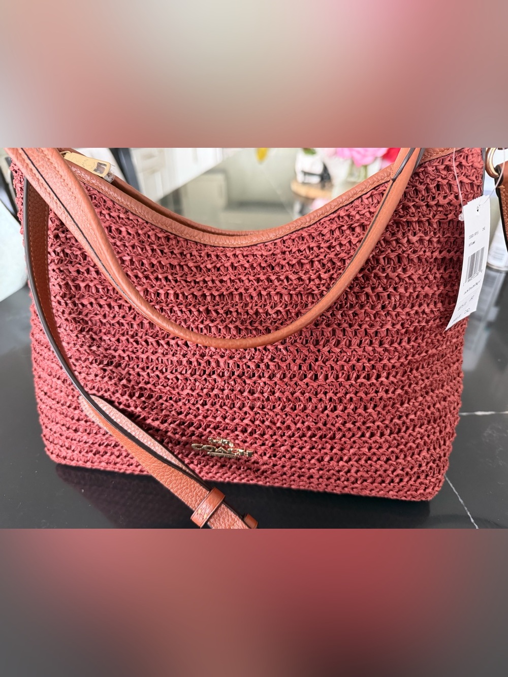 Coach Woven Shoulder Bag in Dusty Rose with Tan Trim